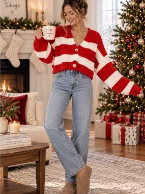 Butter Melon Red White Striped Chunky Knit Cardigan Sweater Size M